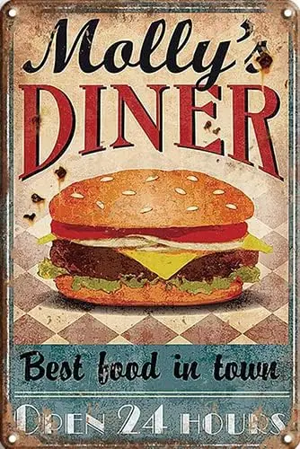 CN-Tin Sign Food Mollys Diner Burger Best In Town, Metal Wall Signs Tin Plaques  Or Bar Kitchen Home Man Cave Bedroom Loun