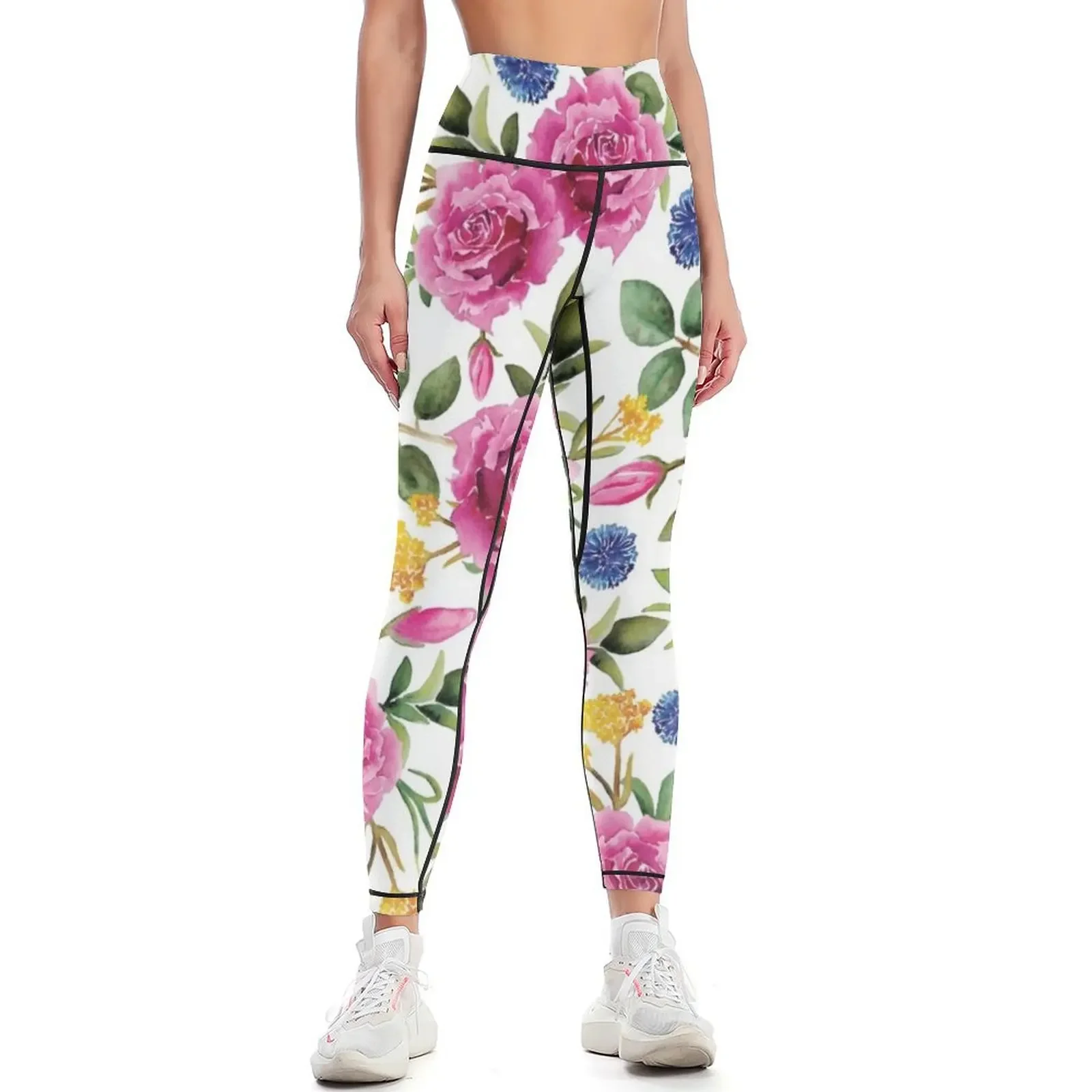 

Watercolor Roses - Pink, Blue, Yellow & Green Floral/Botanical Pattern Leggings gym clothing Women's pants Womens Leggings