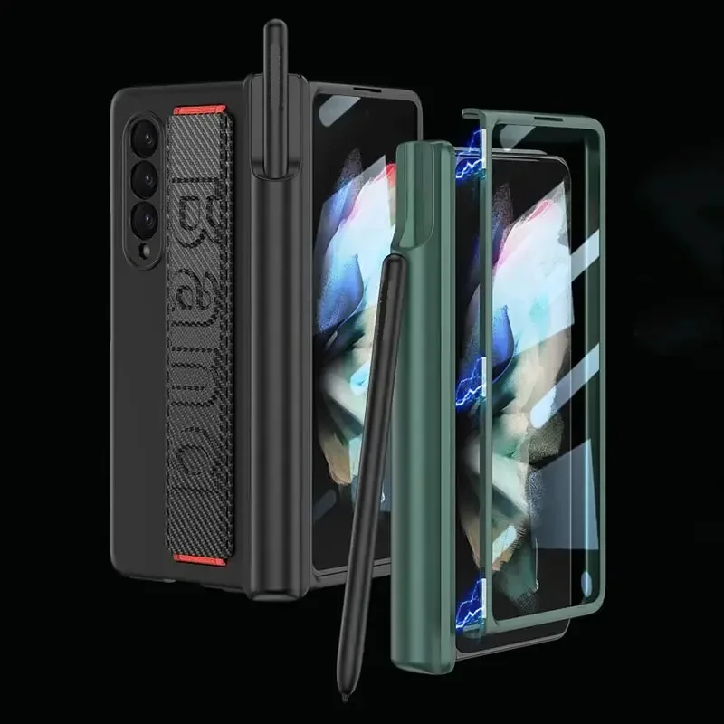 

Magnetic Hinge Pen Holder Case For Samsung Galaxy Z Fold 5 With Wrist Strap Front Glass Hard Cover For Galaxy Z Fold 5 4 3 Case