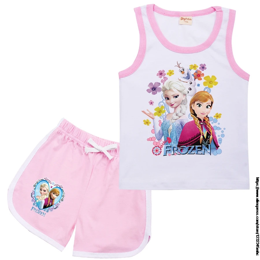 Disney Frozen Elsa Summer Girls Clothes Sets Cartoon 1-15T Baby Kids Clothes Vest Tops+Shorts 2 PCS Sets Tracksuit Outfits