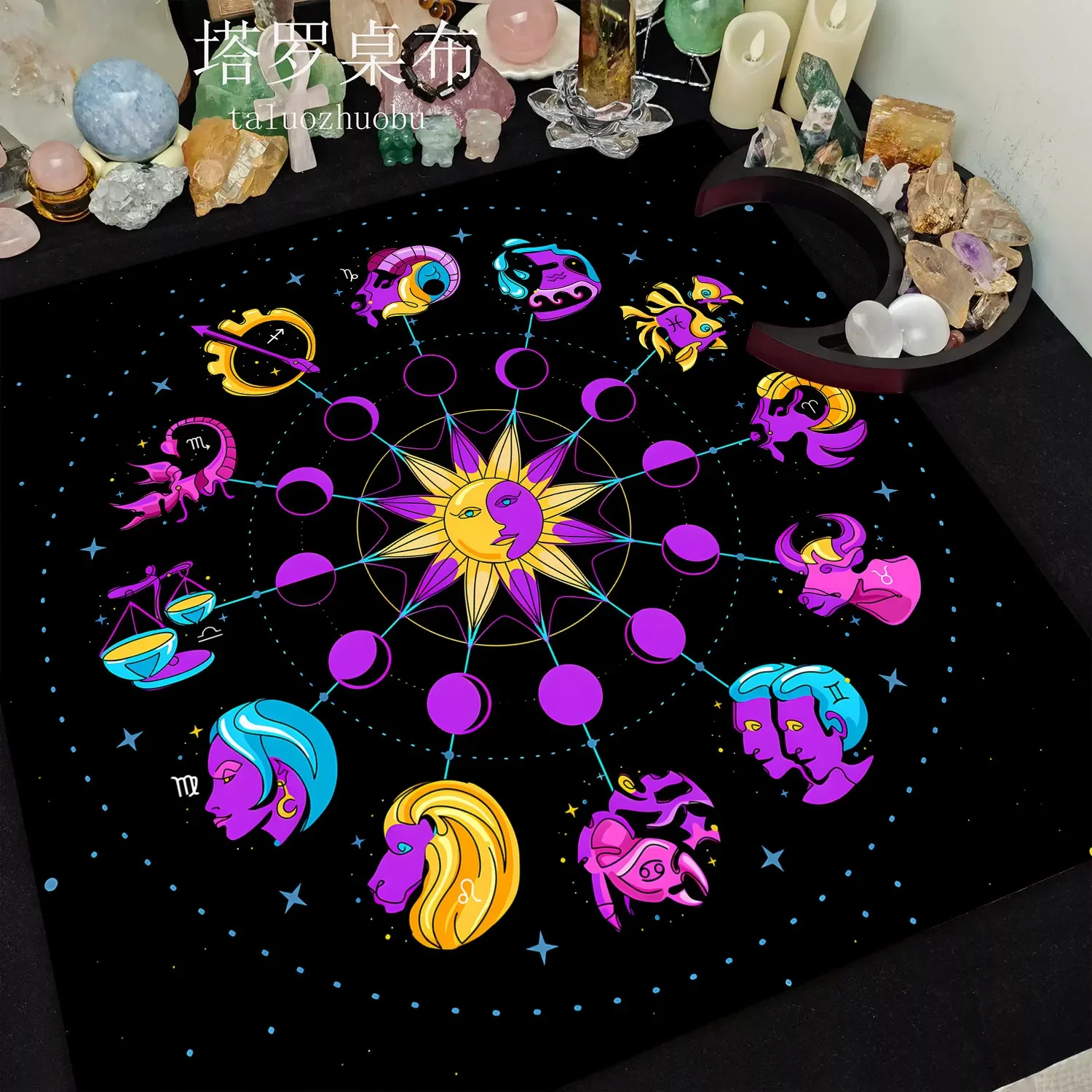 VIKAMA cartoon zodiac purple moon phase tarot altar cloth mystical divination tablecloth witchcraft spiritual for tarot reading