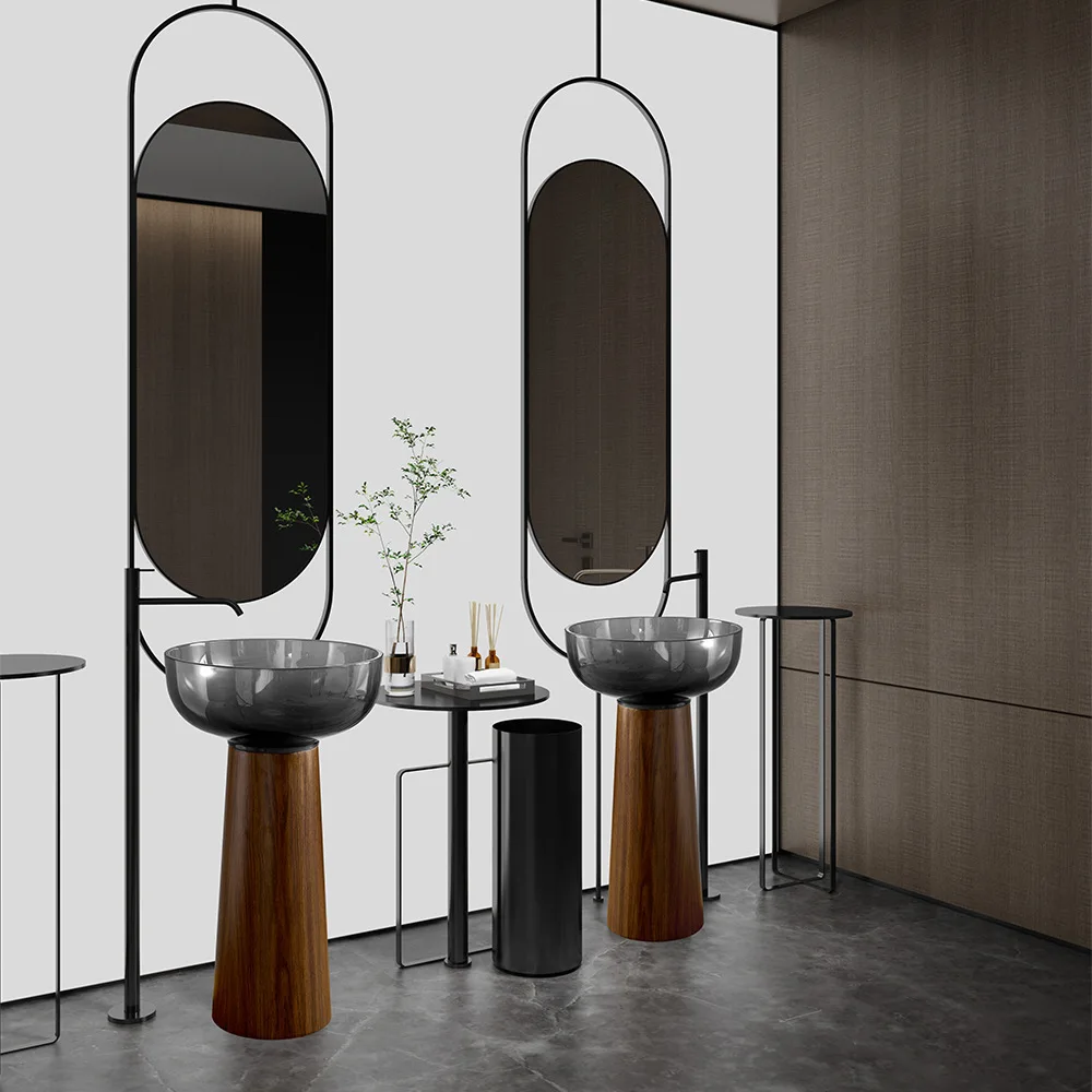 Water transfer artificial stone column basin, simple Nordic bathroom integrated floor wash basin, transparent resin column basin