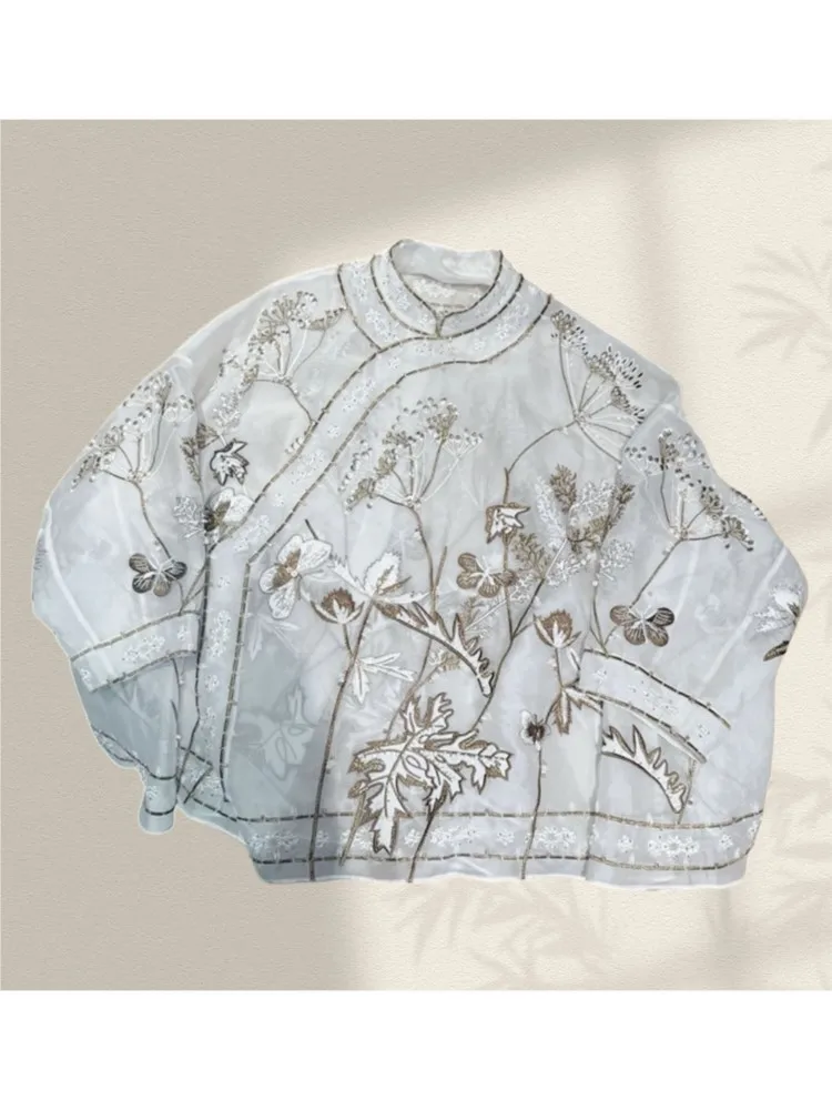 New Chinese-style traditional silk beaded embroidery button-down slanted lapel shirt style loose and elegant top