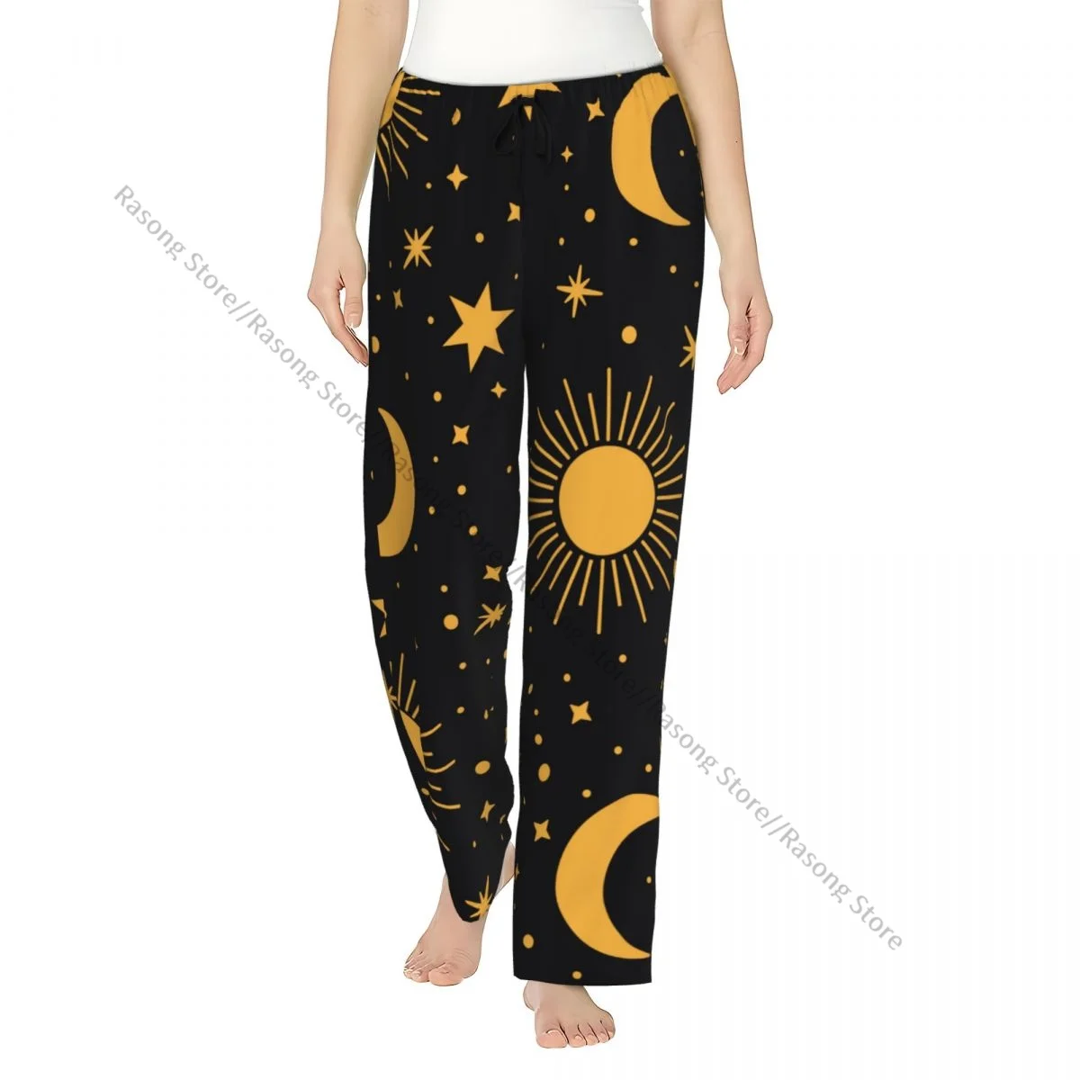 Women Long Sleep Pants Elastic Drawstring Waist Loungewear Bottoms Sun Moon Stars Home Trousers for Ladies Nightwear
