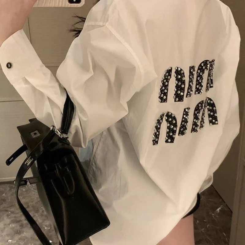 

Female Casual Korean Buttons Solid Color Turn-down Collar Long Sleeve Blouse Spring All-match Letter Loose Cardigan Shirts Women