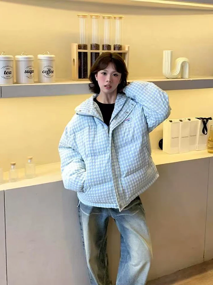 

Корейские шикарные клетчатые пальто с капюшоном для женщин, зимние толстые теплые свободные повседневные стеганые пуховики Y2K, женская универсальная верхняя одежда на молнии