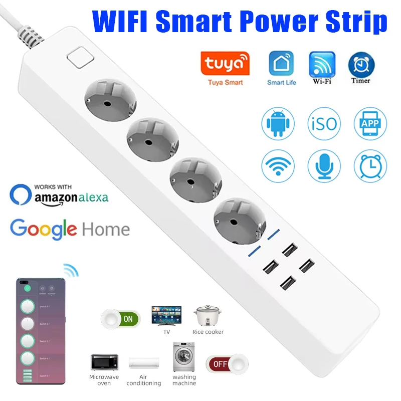 Smart Power Strip Wifi 4 AC Outlets + 4 USB EU Plug Timing App Bluetooth Control Work USB Charging Multi-functional Socket