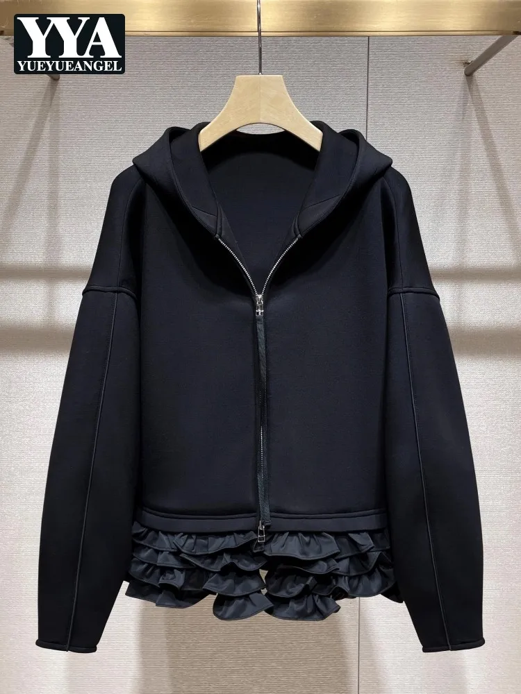 Autumn New Hooded Womens Short Jacket Sweet Ruffles Patchwork Outerwear Black Loose Fit Zippers Tops Fashion Ladies Casual Coats