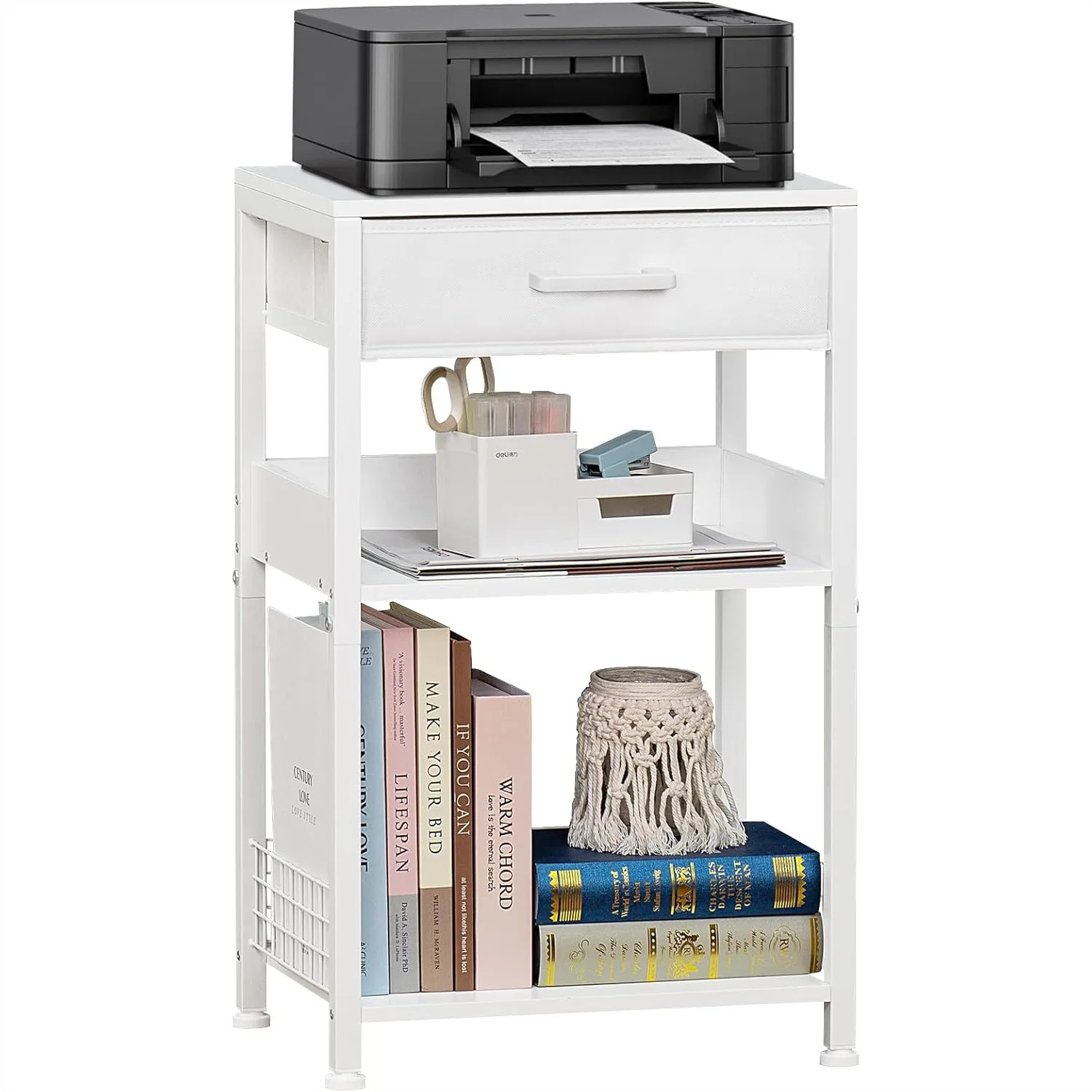 

White Printer Stand with Fabric Drawer, 3 Tier Industrial Side Table, Small Desk Holder with Storage Shelf for Home Office