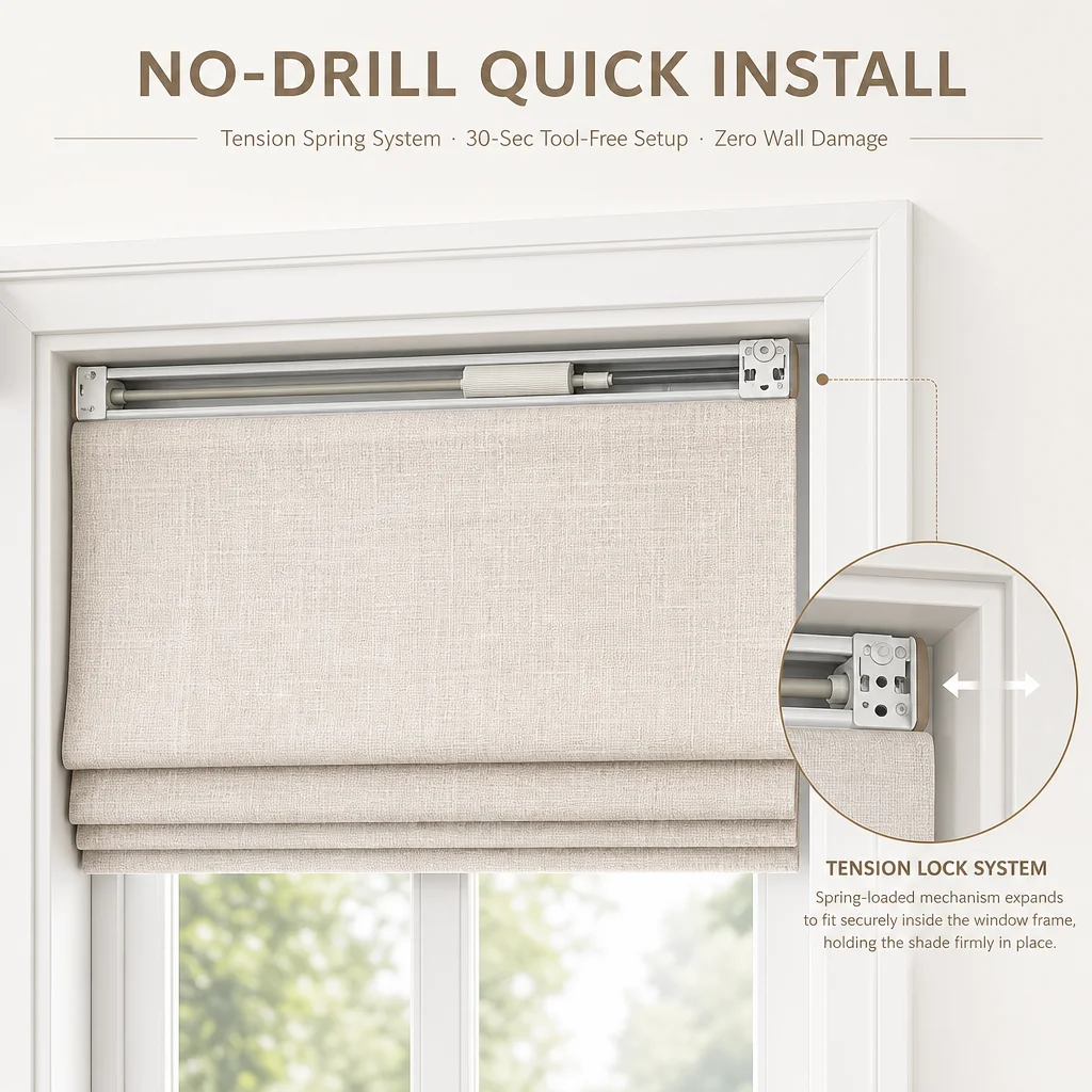 2026 Upgraded Model Features Manual Cordless And No Drilling Control System Full Blackout Linen Fabric Roman Blinds For Bedroom
