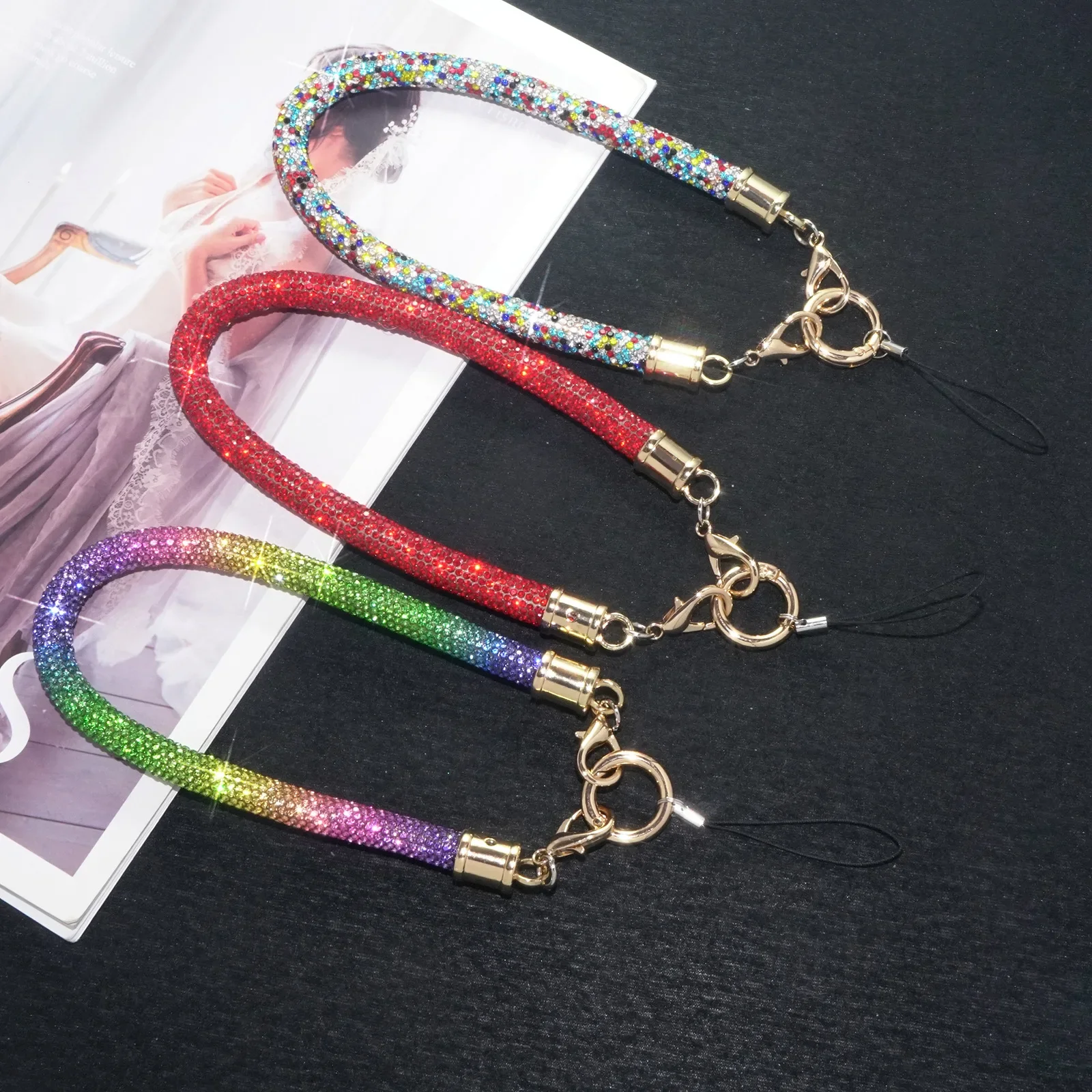 

Ornament Rhinestone Colorful Hand Rope Short Classy Diamond-Encrusted Bracelet Phone Charm Strap Lanyard Chain Keychain