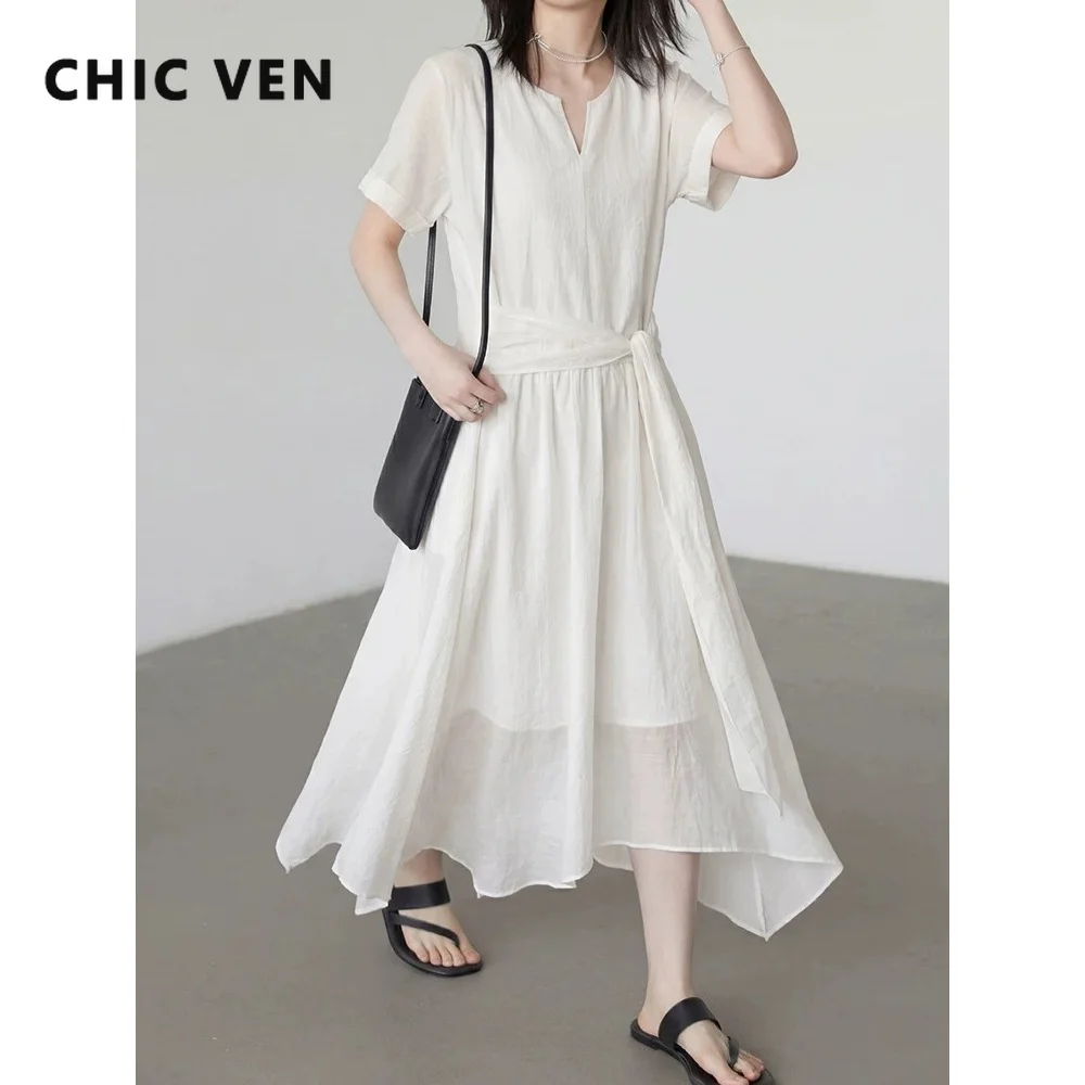 CHIC VEN Fashion Korean Women Dresses New Loose Casual Small V-neck Short Sleeved Ladies Long Evenin