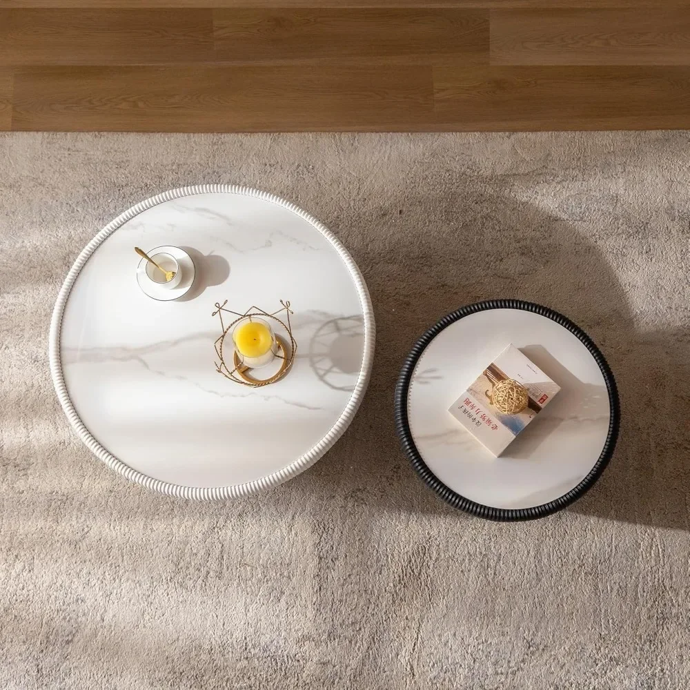 طقم طاولة قهوة مستديرة مكونة من 2، طاولات متداخلة لغرفة المعيشة، طاولة قهوة من الحجر الملبد، طاولة قهوة حديثة