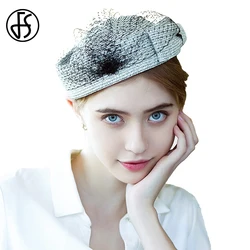 FS Fascinator Straw Beret Chic Gray Hat For Women With Veil Outdoor Light Green Flat Top Cap Cocktail Tea Party Camel Headdress