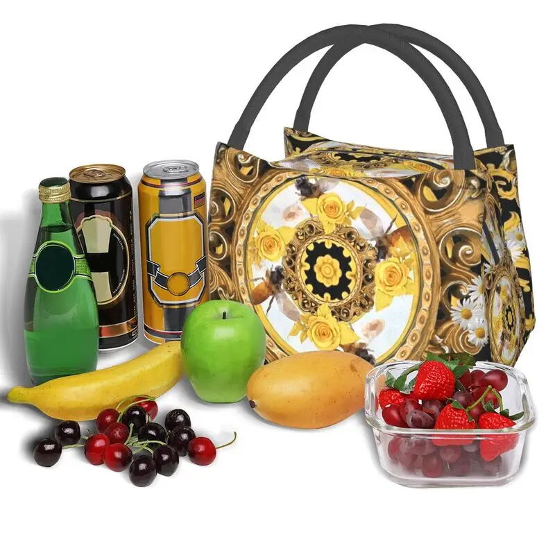 Yellow Rose And Bees Vintage Kitsch Baroque Scarves Thermal Insulated Lunch Bags Women Portable Lunch Container Meal Food Box