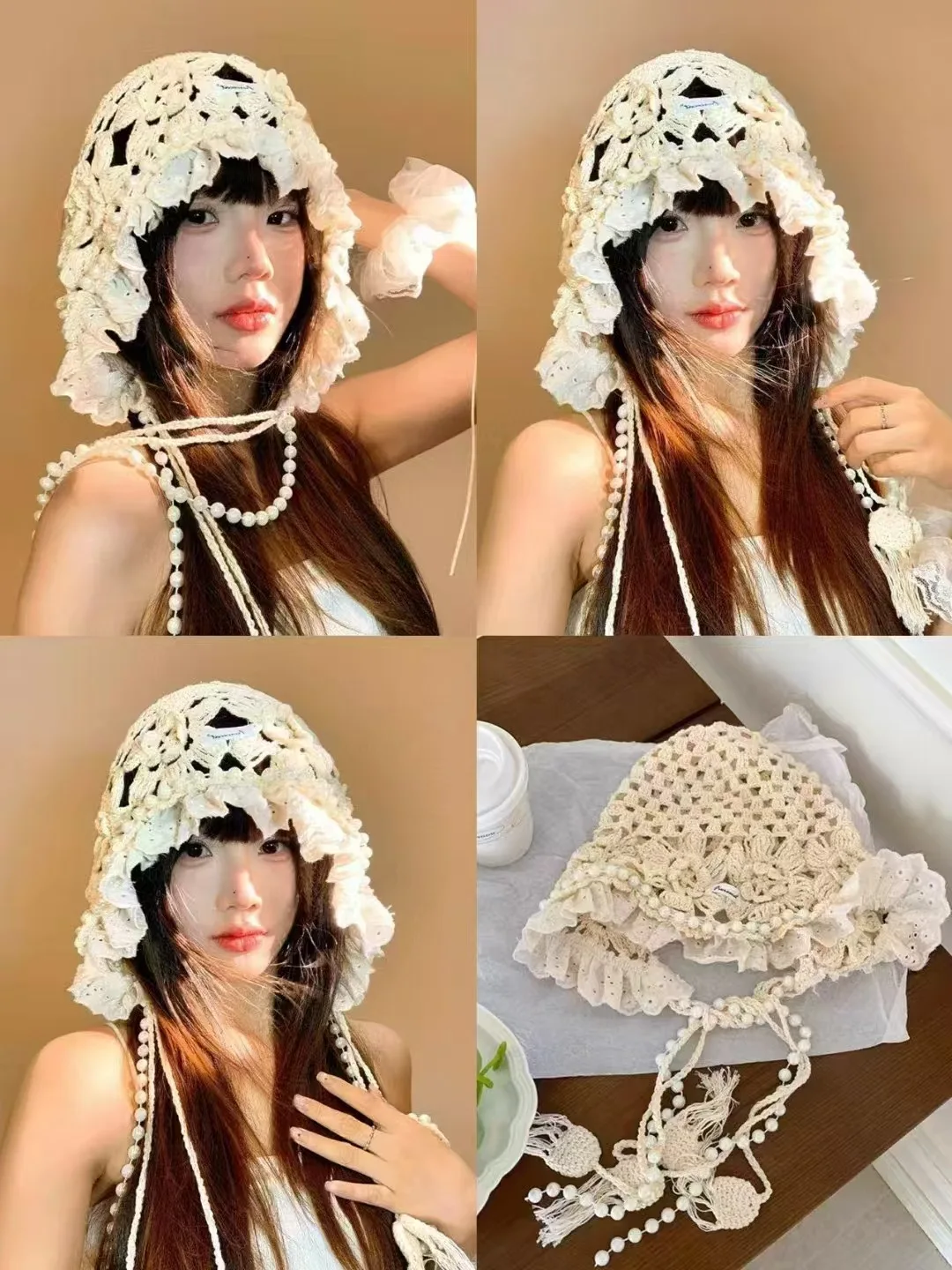

Korean Version of Lace Pearl Design Handmade Crochet Knitted Pullover Hat Women's Summer Hollow Breathable Sweet Beanie Cap