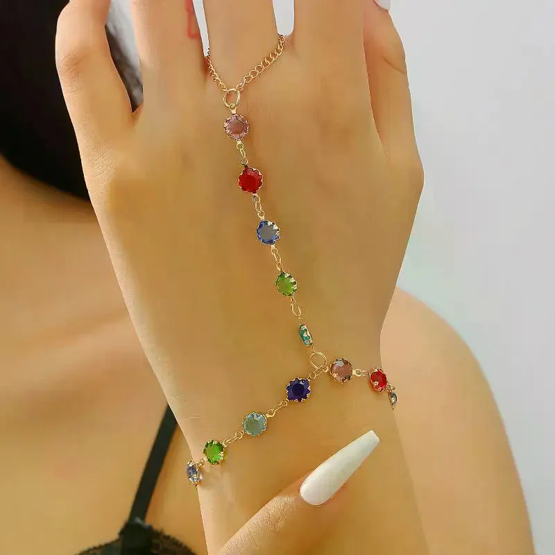

Gold Big Crystal Ring Bracelet For Women Wrist Chain Jewelry Hand Back Chain