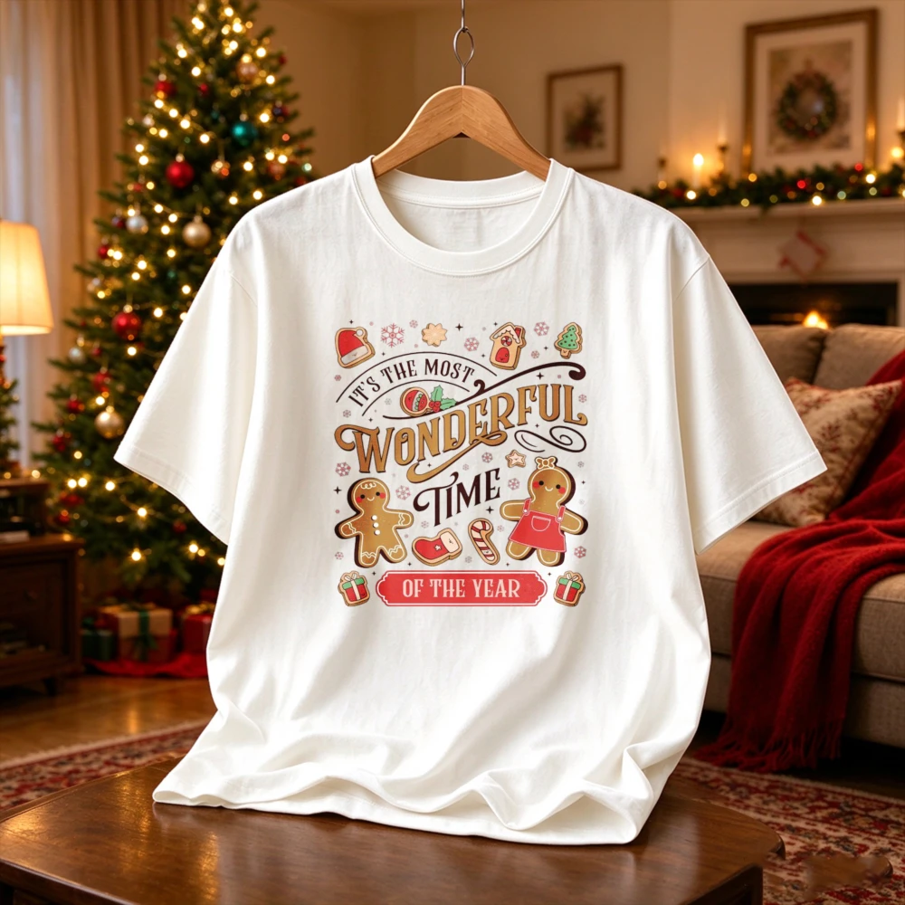 It's The Most Wonderful Time of The Year Gingerbread Couple Graphic Tee Xmas Cookie Candy Cane Print Holiday Casual Party Tees