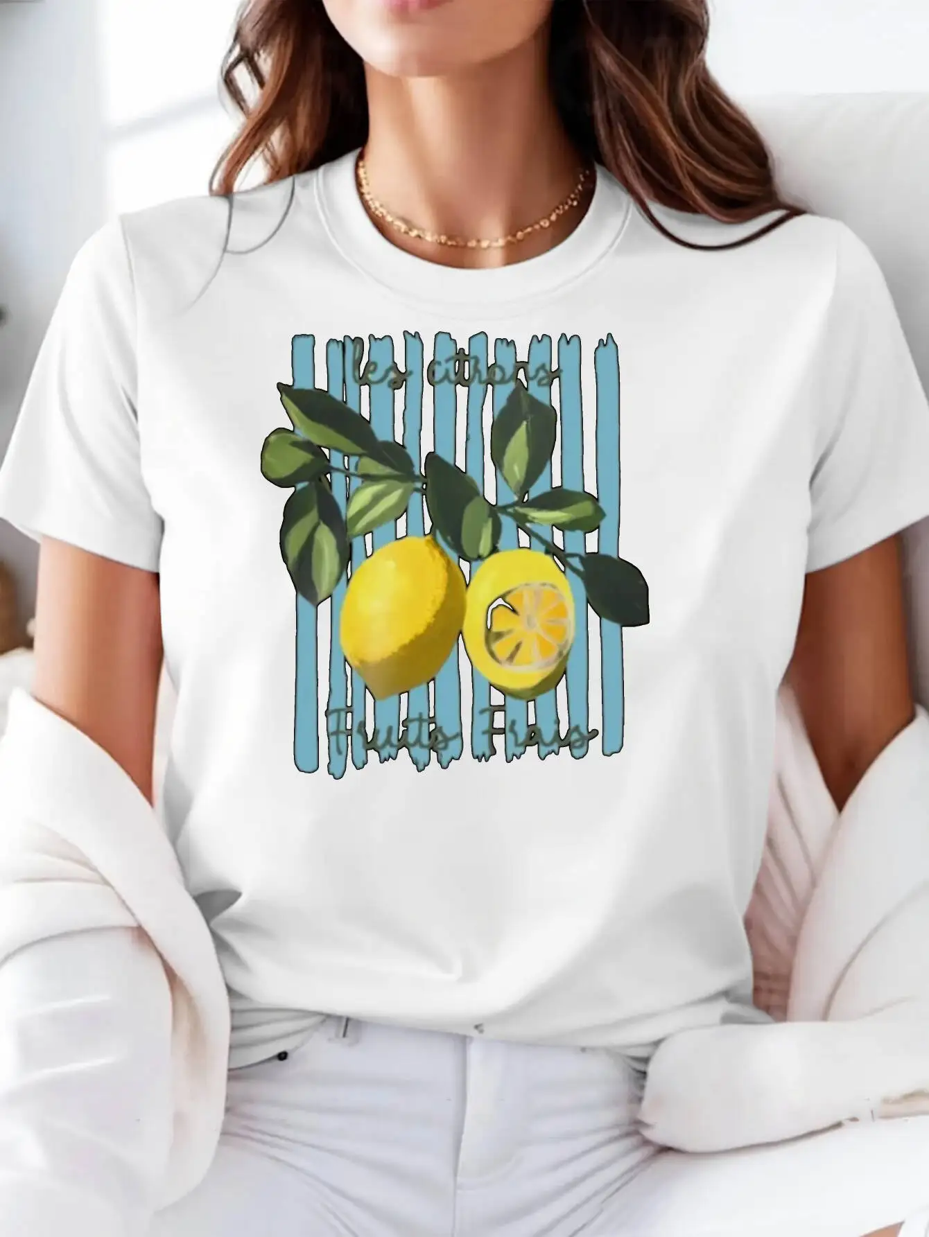 Casual Women's T-Shirt Lemon Fruit Print Round Neck Short Sleeve Four Seasons Lightweight Comfortable For Daily Outdoor Leisure