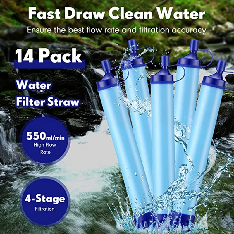 14 Pcs Portable Water Personal Water Filter Straw Water Purifying Device Outdoor Filtration Survivals Gear Emergency Kit