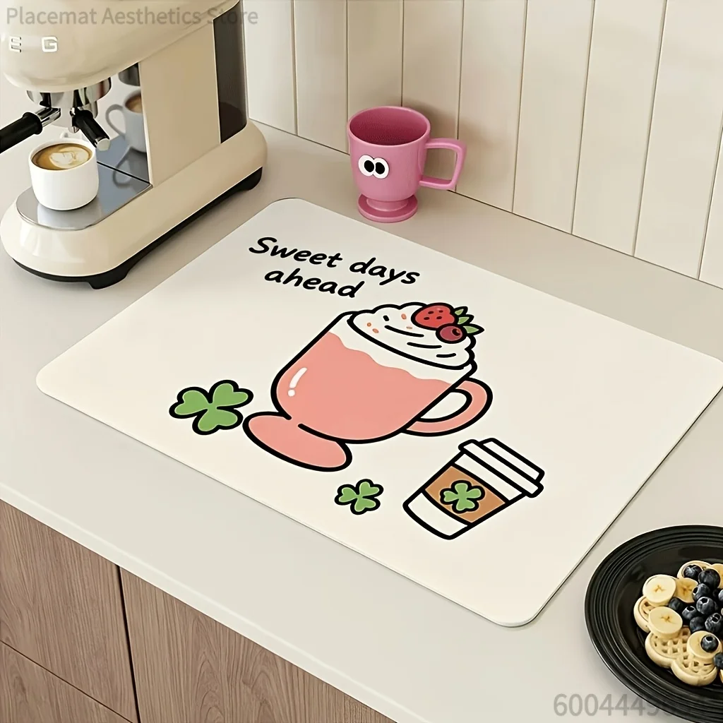 Line Art Cat Coffee Goldfish Burger Floral Tile Print  Absorbent Drying Mat, Waterproof Kitchen Counter Drain Decor Placemat