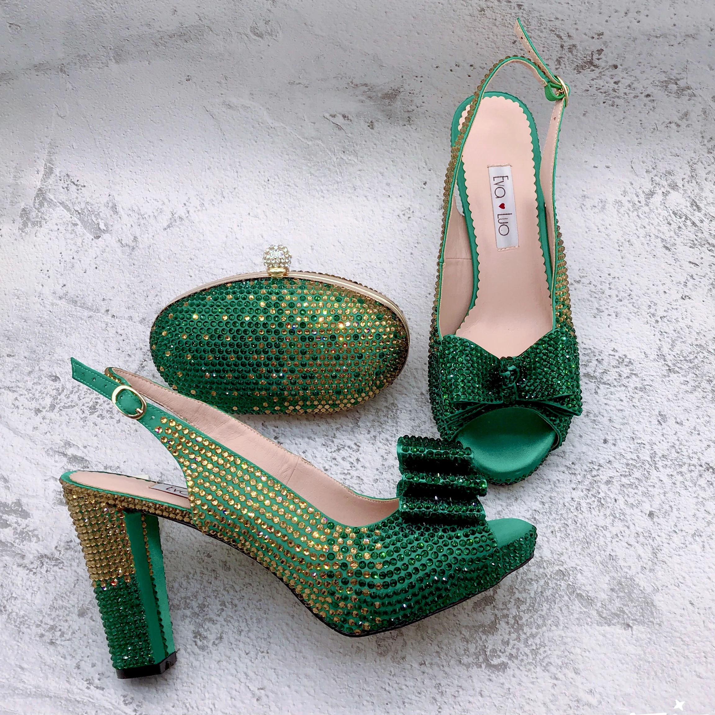 BS1634 Customize Different Heel  Women Shoes Dress Pumps  Bridal Wedding Shoes Green Gold Crystal Shoes With Matching Bag