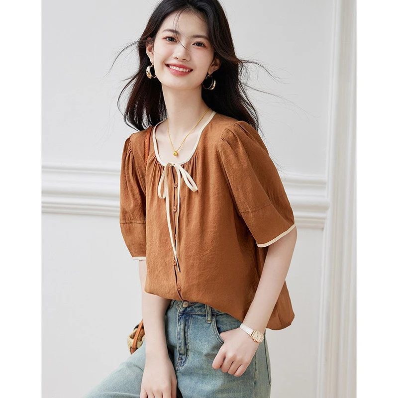 موضة س الرقبة تقسم الكورية الدانتيل يصل القوس القمصان الملابس النسائية 2025 صيف جديد فضفاض بلون كل مباراة بلايز بلوزات غير رسمية