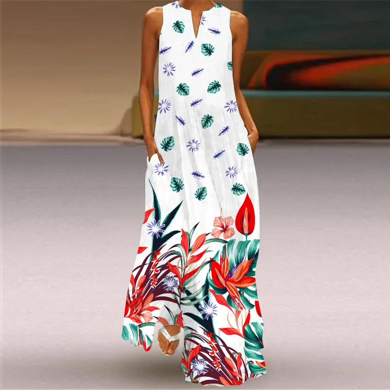 New Artistic Retro Digital Print V-neck Multi-color Long Sexy Sleeveless Dress For Women, Comfortable And Loose Long Skirt 2024