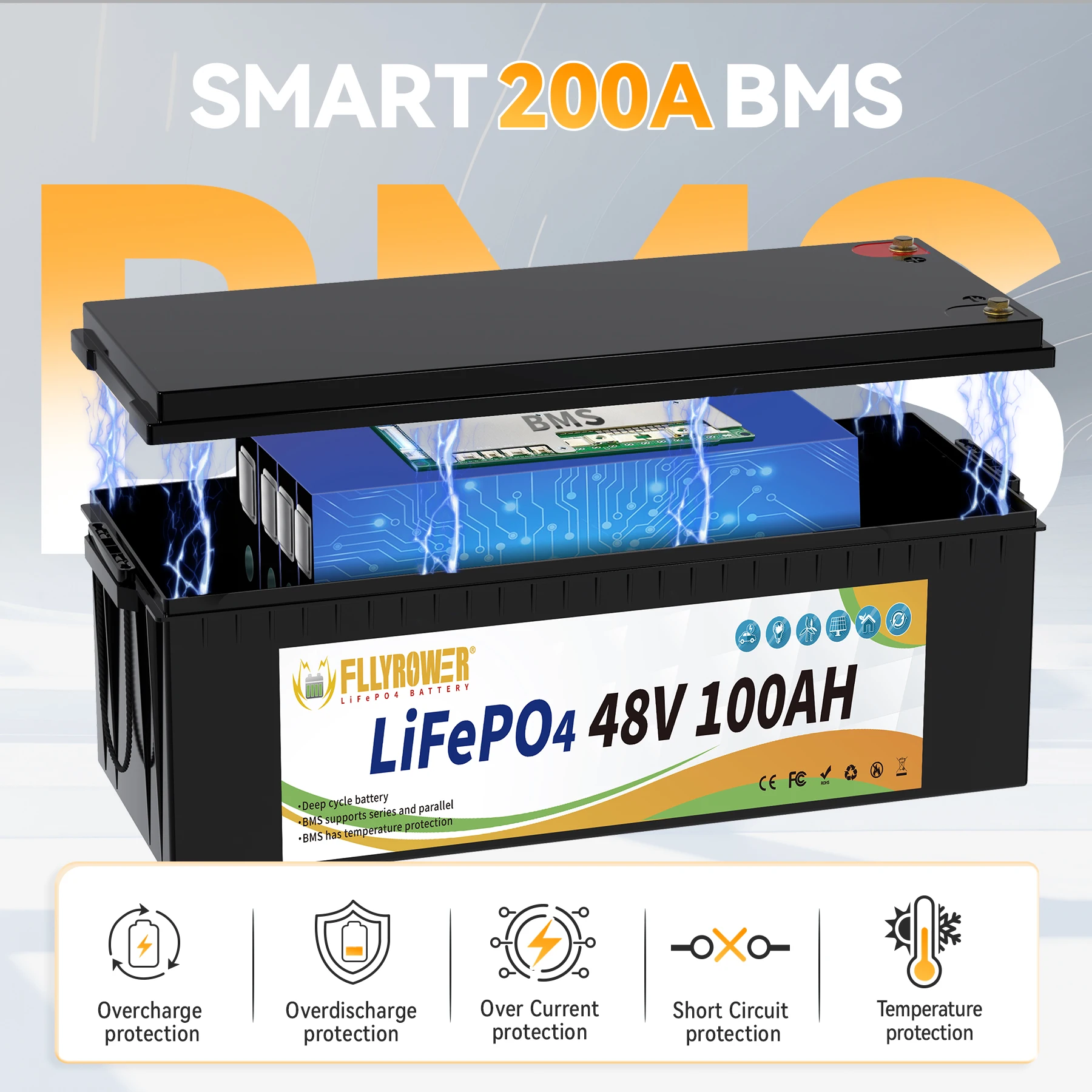 بطارية ليثيوم FLLYROWER 48 فولت 100 أمبير LiFePO4 مع بلوتوث 200A BMS للمنزل RV تخزين الطاقة الشمسية بجولة قارب السيارة على الطرق الوعرة #2