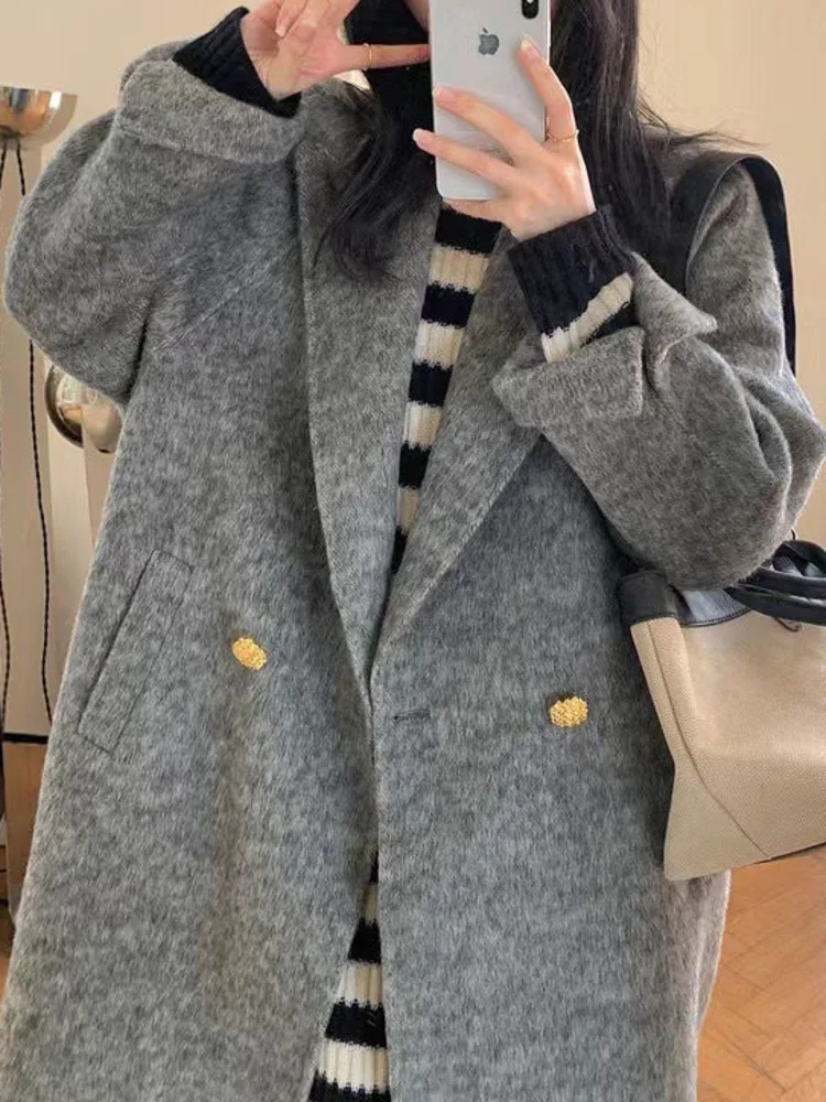 UCXQ Elegant Long Jacket European Style Double Button Loose All Match Thick Warm Woolen Coat Women 2024 New Autumn Winter C1518