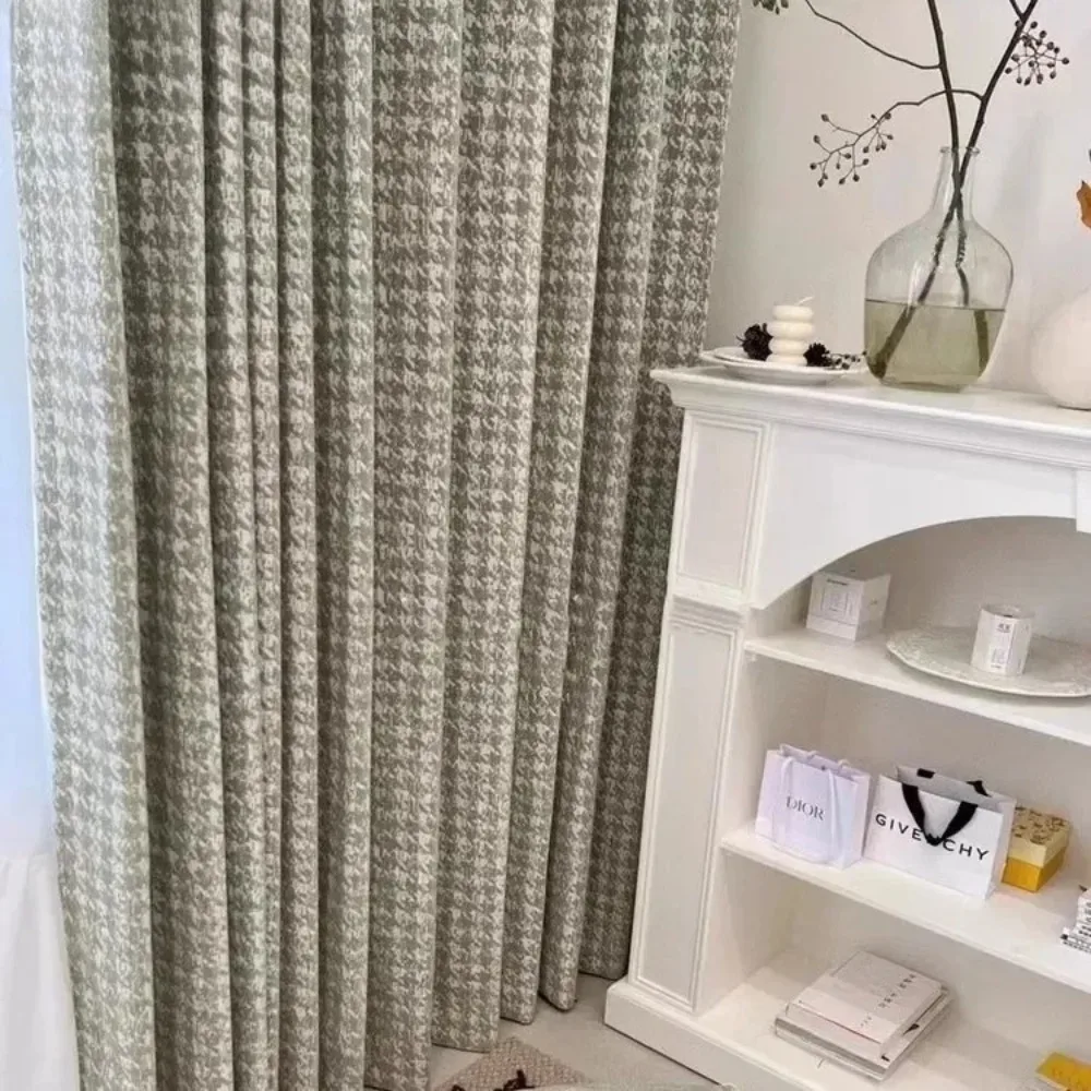 Houndstooth Jacquard Matcha Green Chenille Curtains for Living Room Bedroom Balcony Bay Window Customized Finished