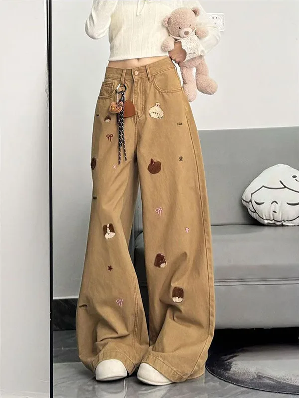 

High Waist Wide Leg Jeans Women's Style Embroidered Denim Straight Cut Loose Fit Trousers Autumn Design Sense Khaki Color