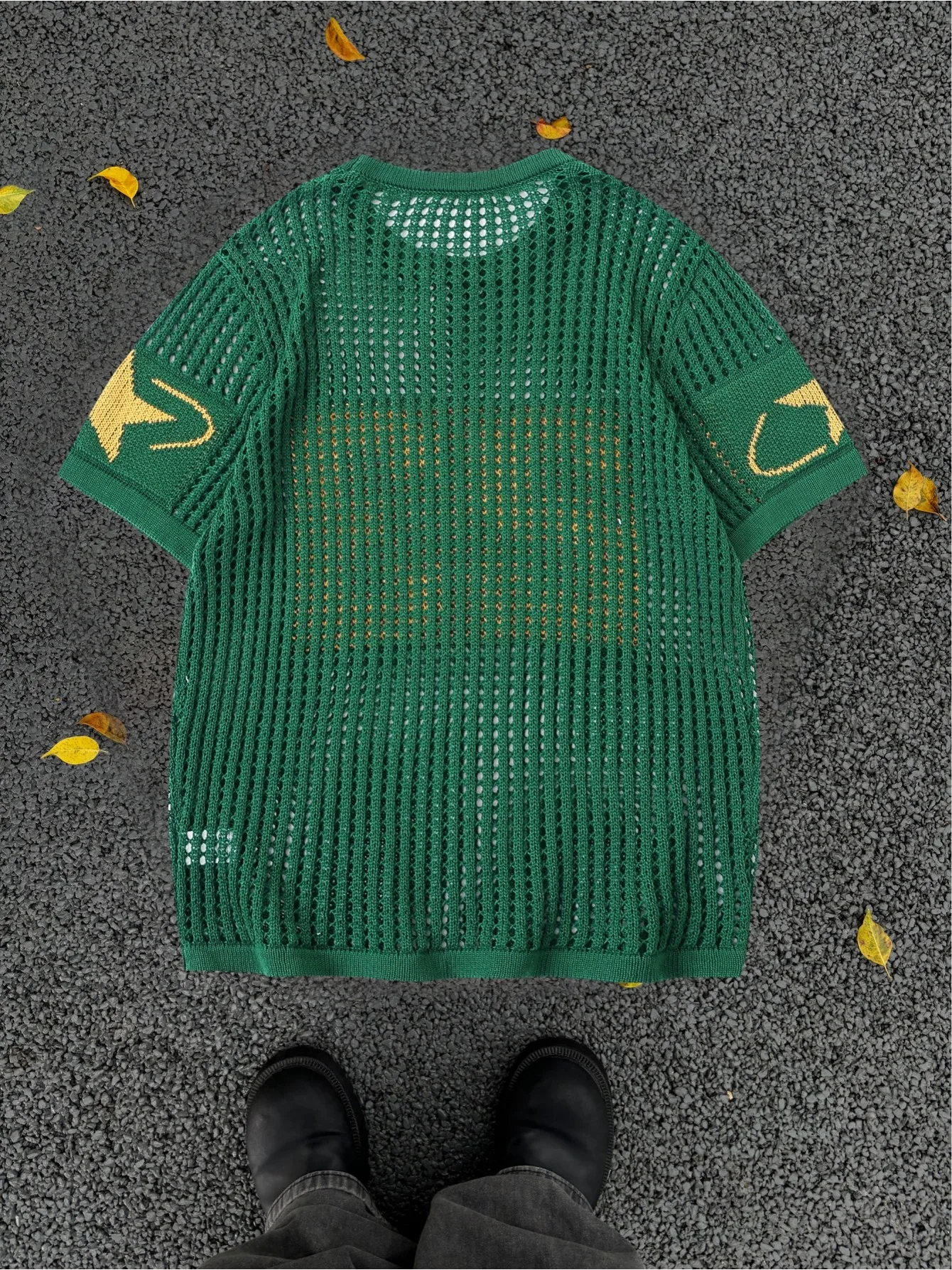 Men Hollow Out Short Sleeve Knit Sweater Loose Fit 23 Number Print Knit T‑Shirt 100% Polyester Streetwear Pullover S‑XL