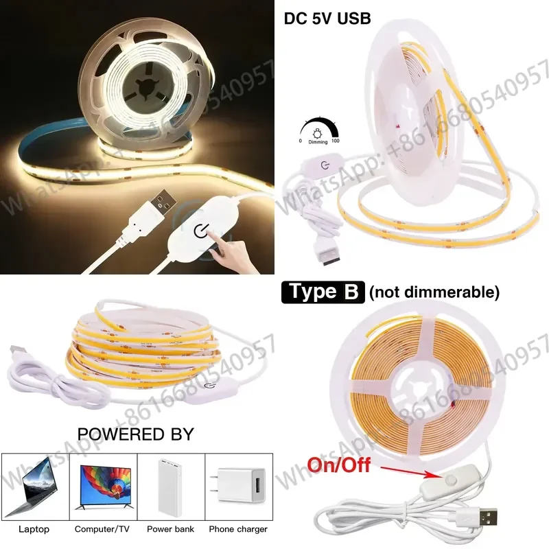 Dimmable COB Strip Light Strings 320 LEDs/m High Density Flexible LED Tape White Warm White USB DC 5V RA80 COB LED Light PCB