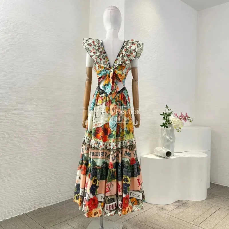 Abito longuette con volant e volant senza maniche con stampa floreale verde foresta multicolore in cotone 2025