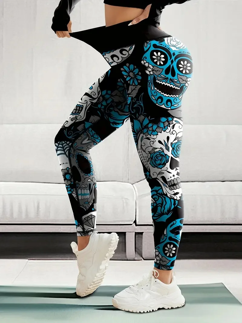 3D Printed Skull Graphic Women's Yoga Pants Fashion Cool Gothic Style Elastic Legging Outdoor Running Sports Casual Fitness Pant