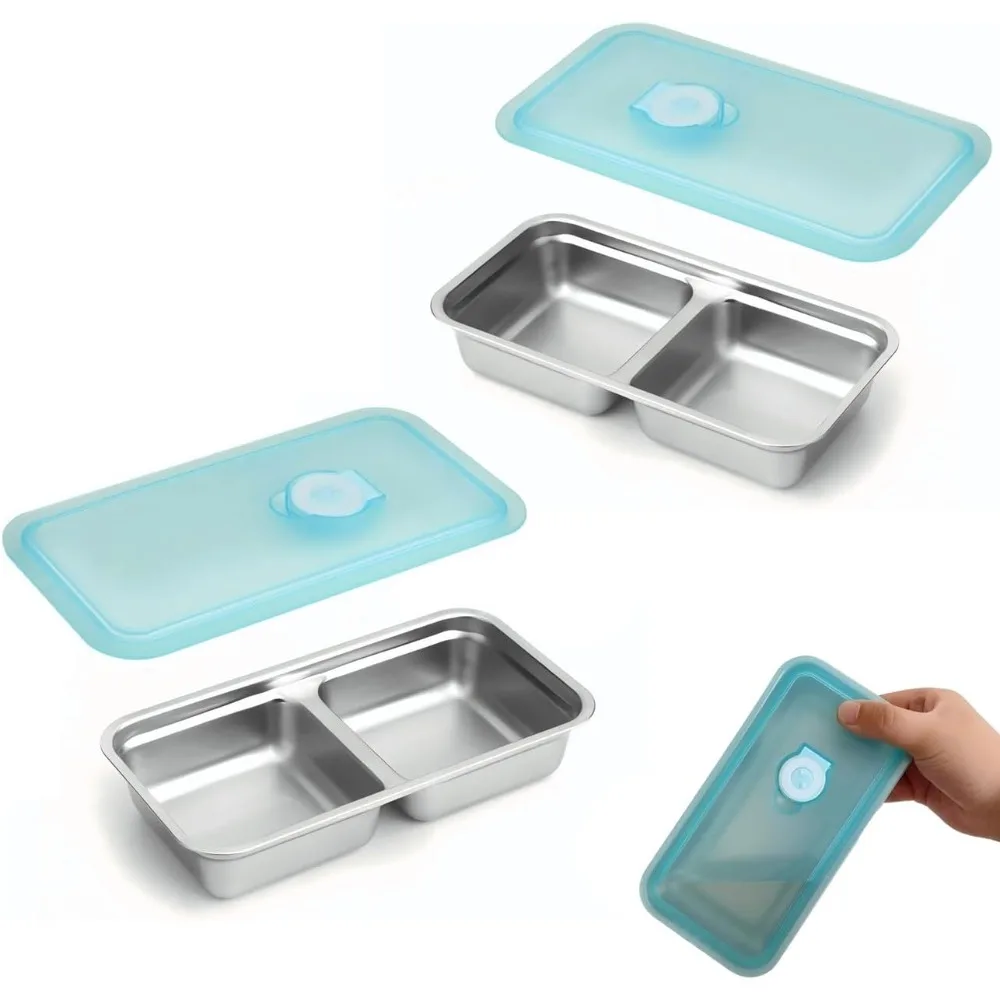 

2 stainless steel snack containers - reusable double compartment seasoning box with lid