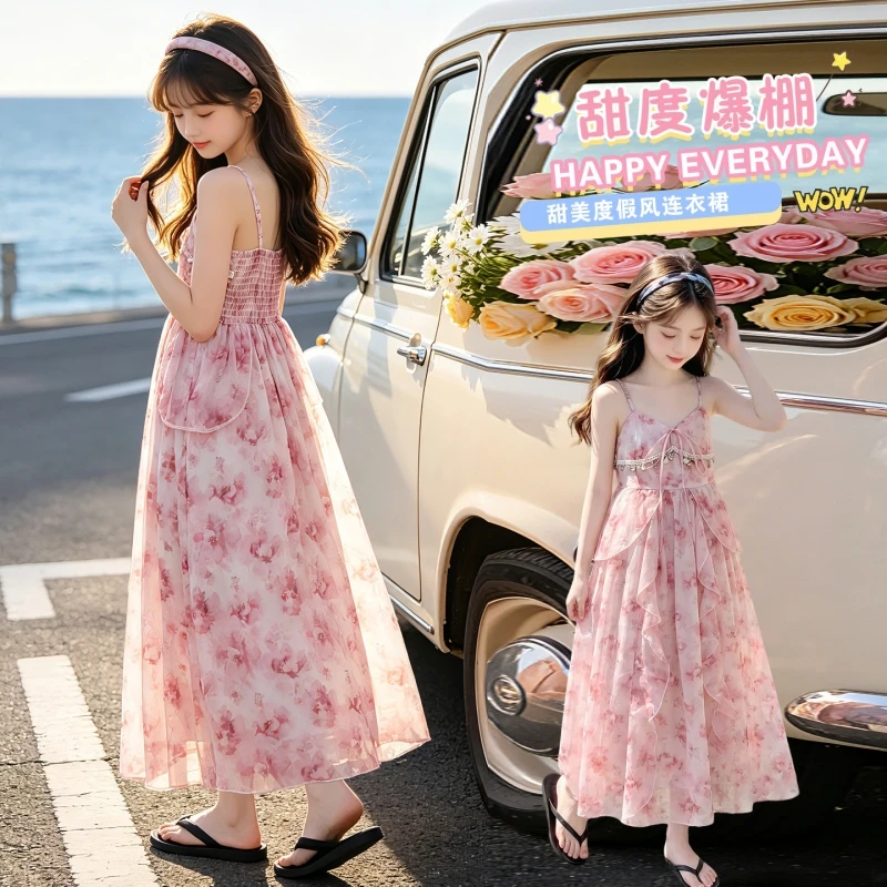 Girls Summer Chiffon Floral Slip Midi Dress Spaghetti Strap Beach Vacation Sundress Kids Casual Floral Long Dress 6-14Y