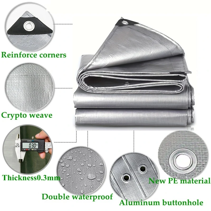 Tarpaulin 2x2m 2x3 3*3 3x4 3mx5 Car Waterproof Shade Tarp Tent Camping Sun Shade Sail Double Silver Awning Canopy Rain Cover