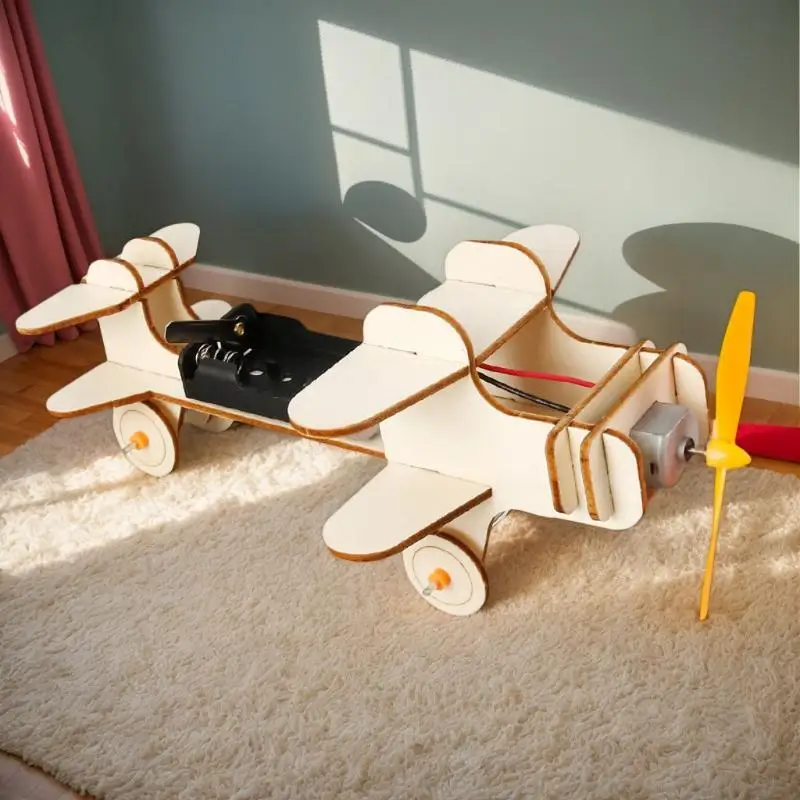 Um conjunto de projeto de avião de madeira DIY, brinquedos científicos STEM para crianças, material escolar educacional