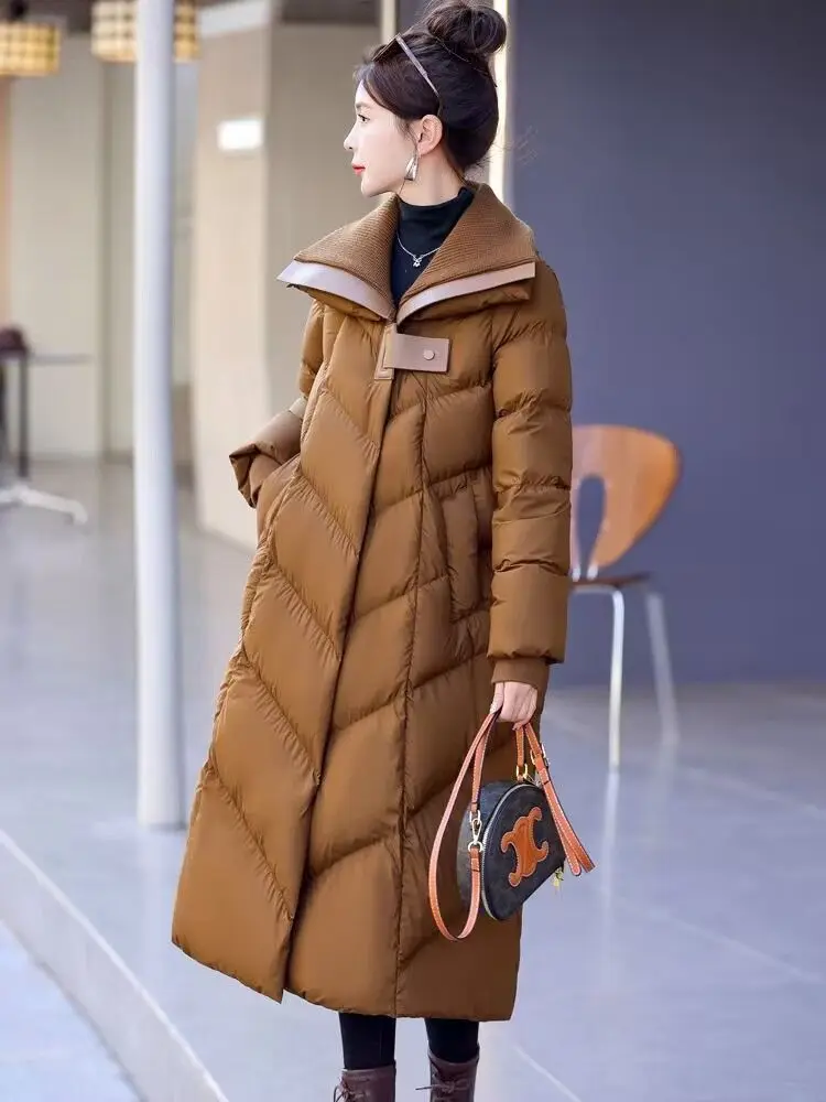 Temperament Grote reverskraag Witte eendendons Donsjack Dames Winter Nieuwe gebreide splitsen Over de knielengte Dikke jas