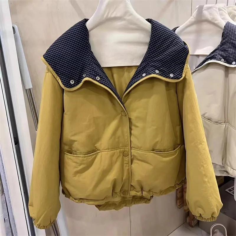 

LatticeSsplicing Hooded Short Cotton-Padded Jacket Women's Winter New Be All-Match Down Cotton Jacket Loose Casual All-Match