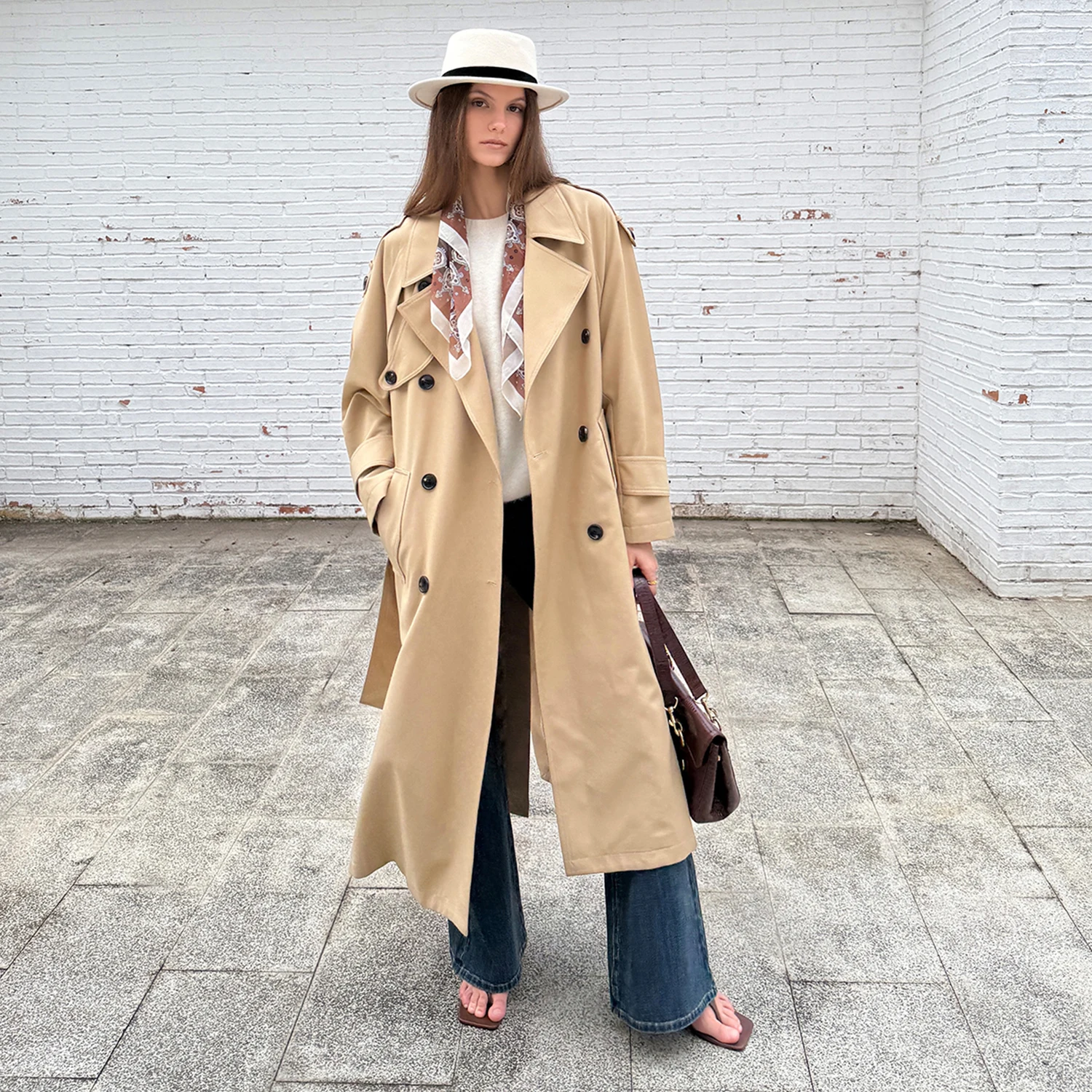 سترة نسائية طويلة من Allingentle كاكي أنيقة مزدوجة الصدر سترة طويلة ملابس غير رسمية مريحة حسب الطلب