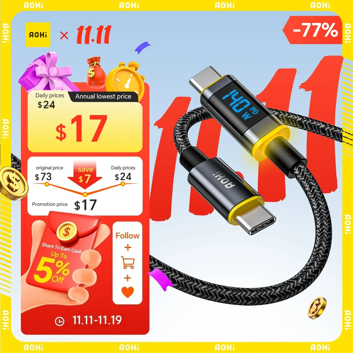 كابل شاشة رقمية AOHI Magline+140W من النايلون USB C إلى USB C LED بطول 4 أقدام