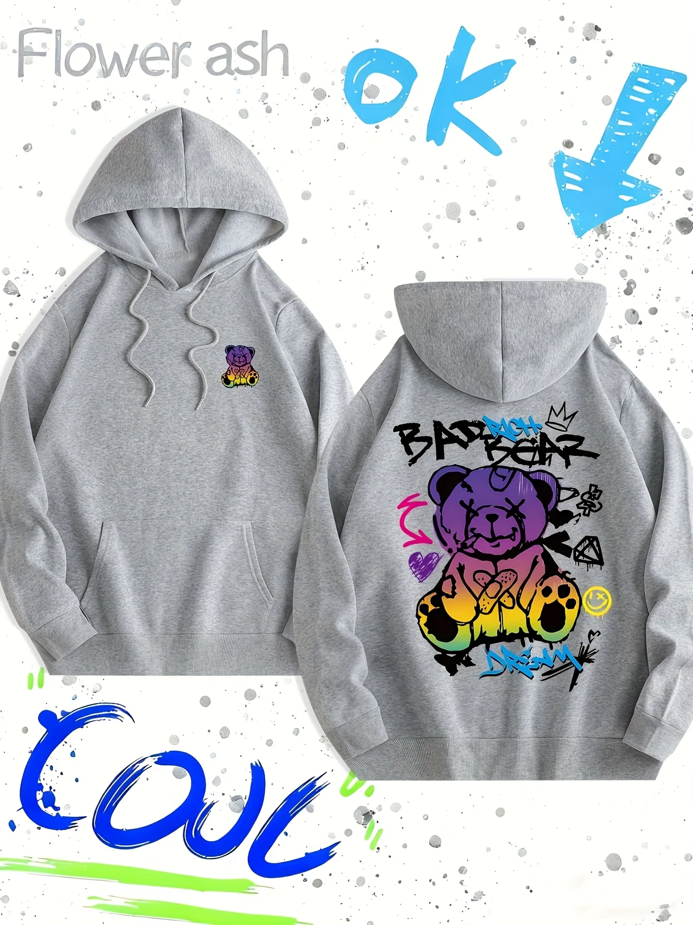 

Men's Trendy Printed Fleece Hoodie for Fall Winter, Front and Back Patterns, Drawstring Hood Casual Sweatshirt