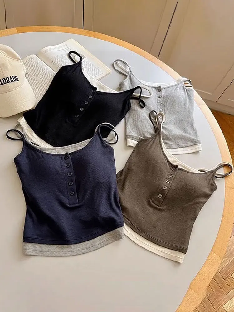 Summer Casual Yoga Tank Top Spicy Girl Spaghetti Strap Button Camisole Vest With Chest Pad Fashion Color Blocking Tank Top Women