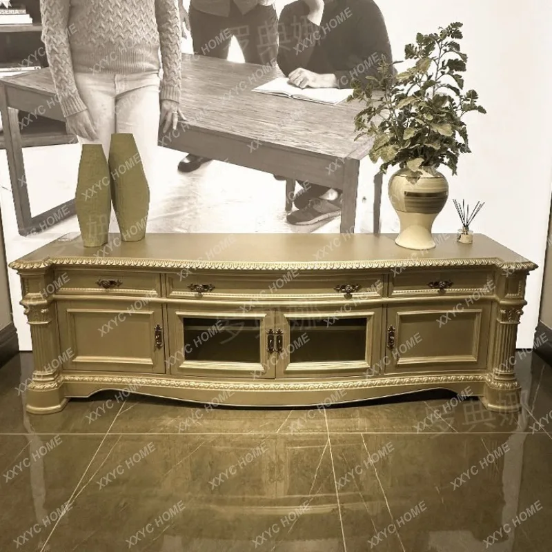 TV cabinet combination luxury full solid wood carving flower living room size apartment furniture