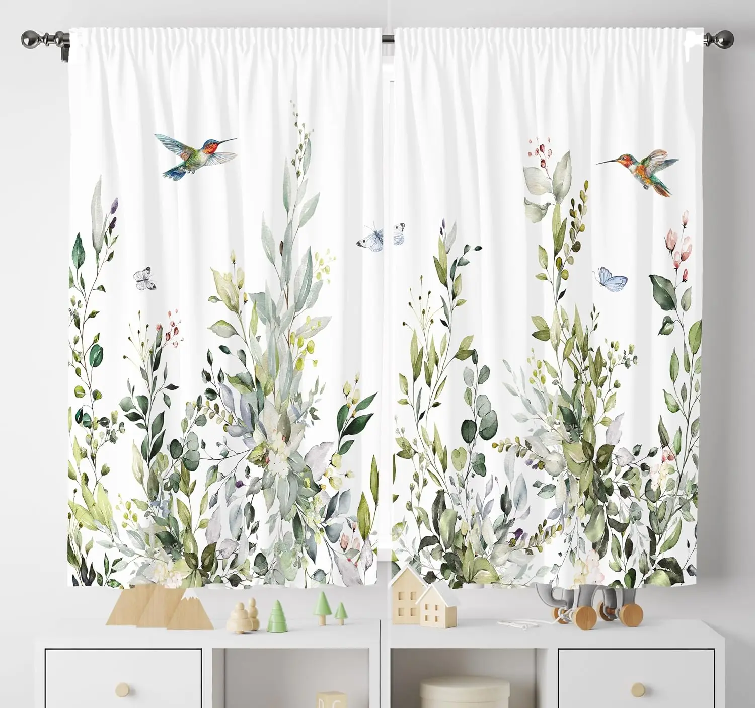 Botanical Curtain Panels, Vintage Hummingbird Butterfly Eucalyptus Greenery Art Print Drapes for Living Room Window Home Decor