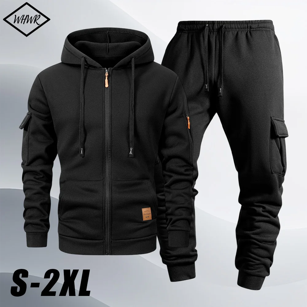 

Men's Casual Sports Suit with Autumn Hooded Sweatshirt Long Sleeved Pants Multi-pocket Jacket + Pants 2 piece Set Male Tracksuit