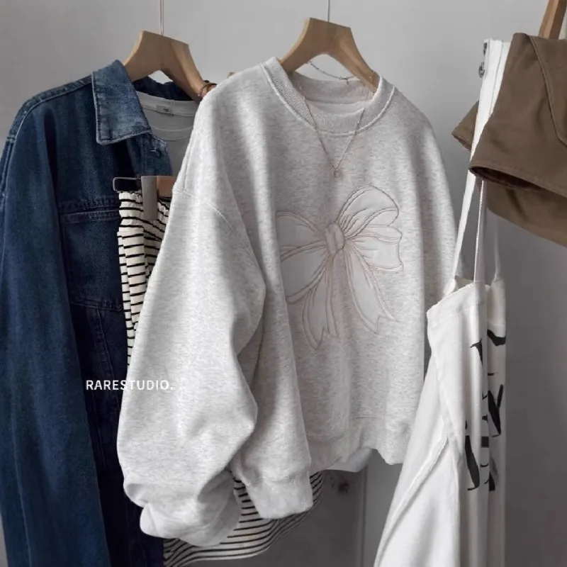 جديد رمادي تنوعا القوس المطرزة جولة الرقبة فضفاضة طويلة الأكمام Hatless البلوز قمة بسيطة #3